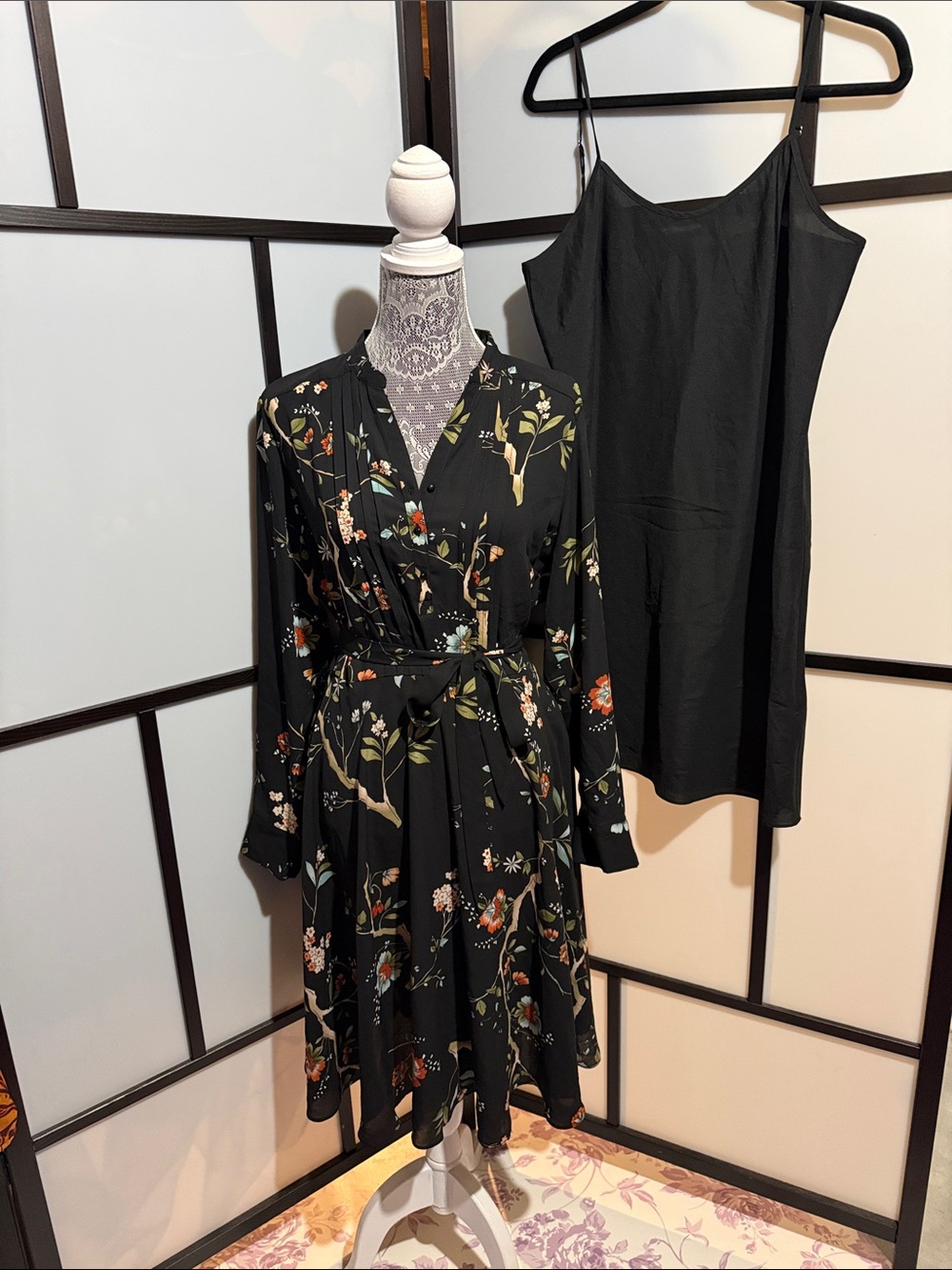 Nanette Lepore Black Floral Long-Sleeve Wrap Dress with Black Slip